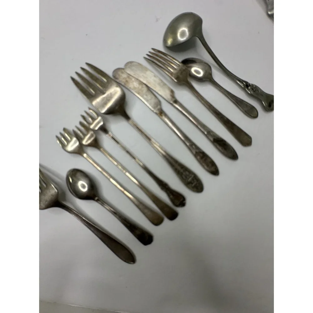 Silver Plated Flatware Lot Ladle Meat Fork Cocktail Butter Knife Spoon 11 pc VTG